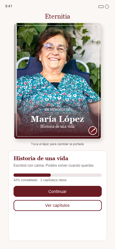 App Eternitia — portada del libro memorial